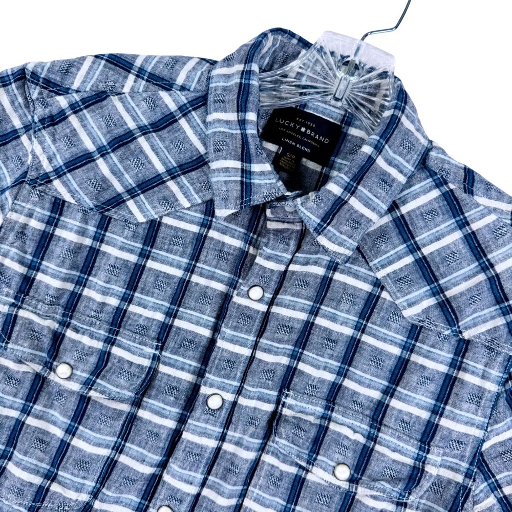 Lucky Brand Mens S Short Sleeve Blue Plaid Linen Blend Pearl Snap Shirt Western
